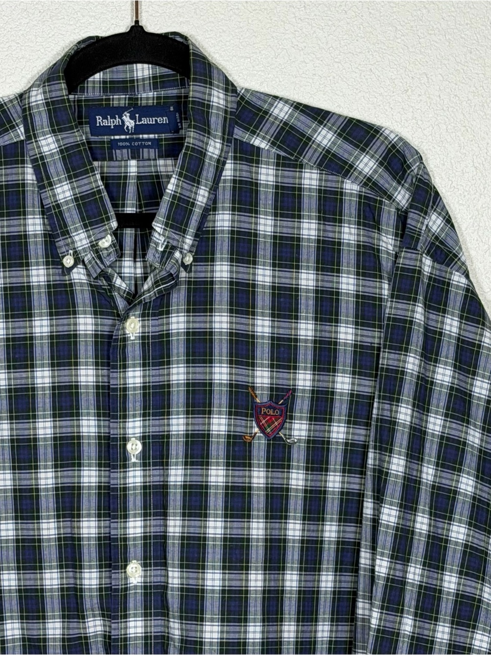 Vintage 90s Polo Golf Ralph Lauren L Plaid Button Down Navy/Green Preppy Classic